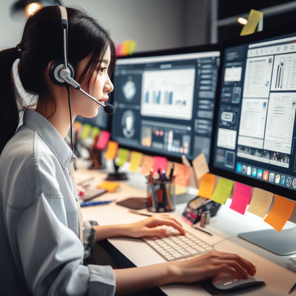 Asian woman student wearing a headset with mic, creating a multimedia web site on a computer.