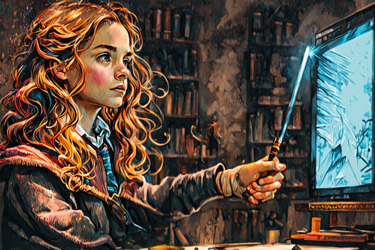 Hermione-esque woman using a wand to create a web page.