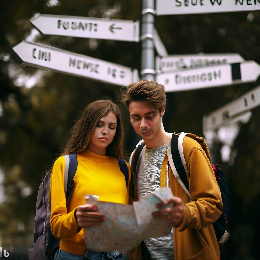Man and woman looking at a map with street signs in the background.