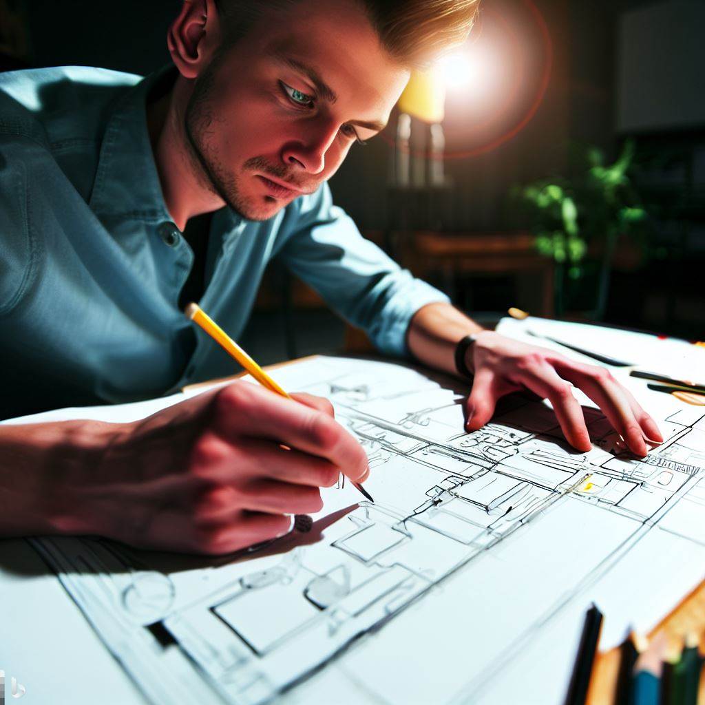 Man sitting at a desk drawing a floor plan.