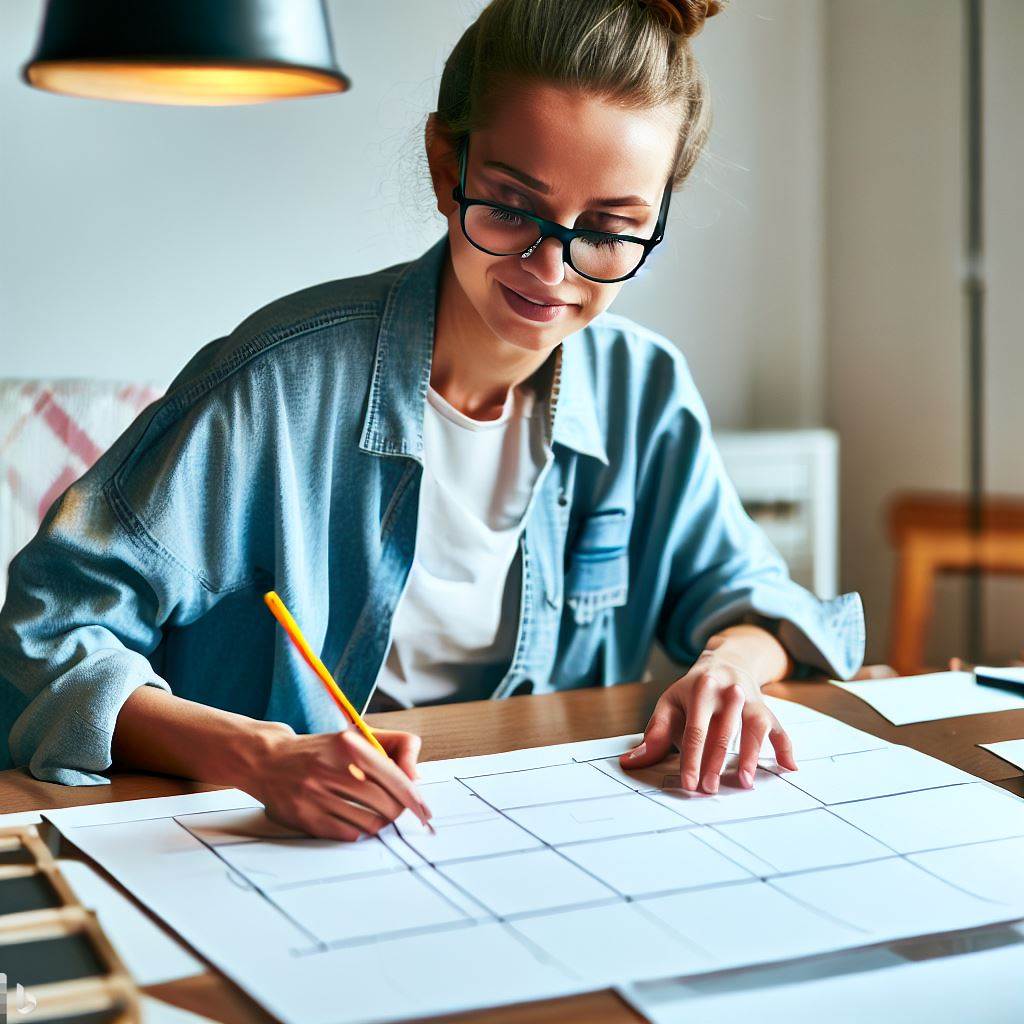 Woman drawing squares on grid paper.