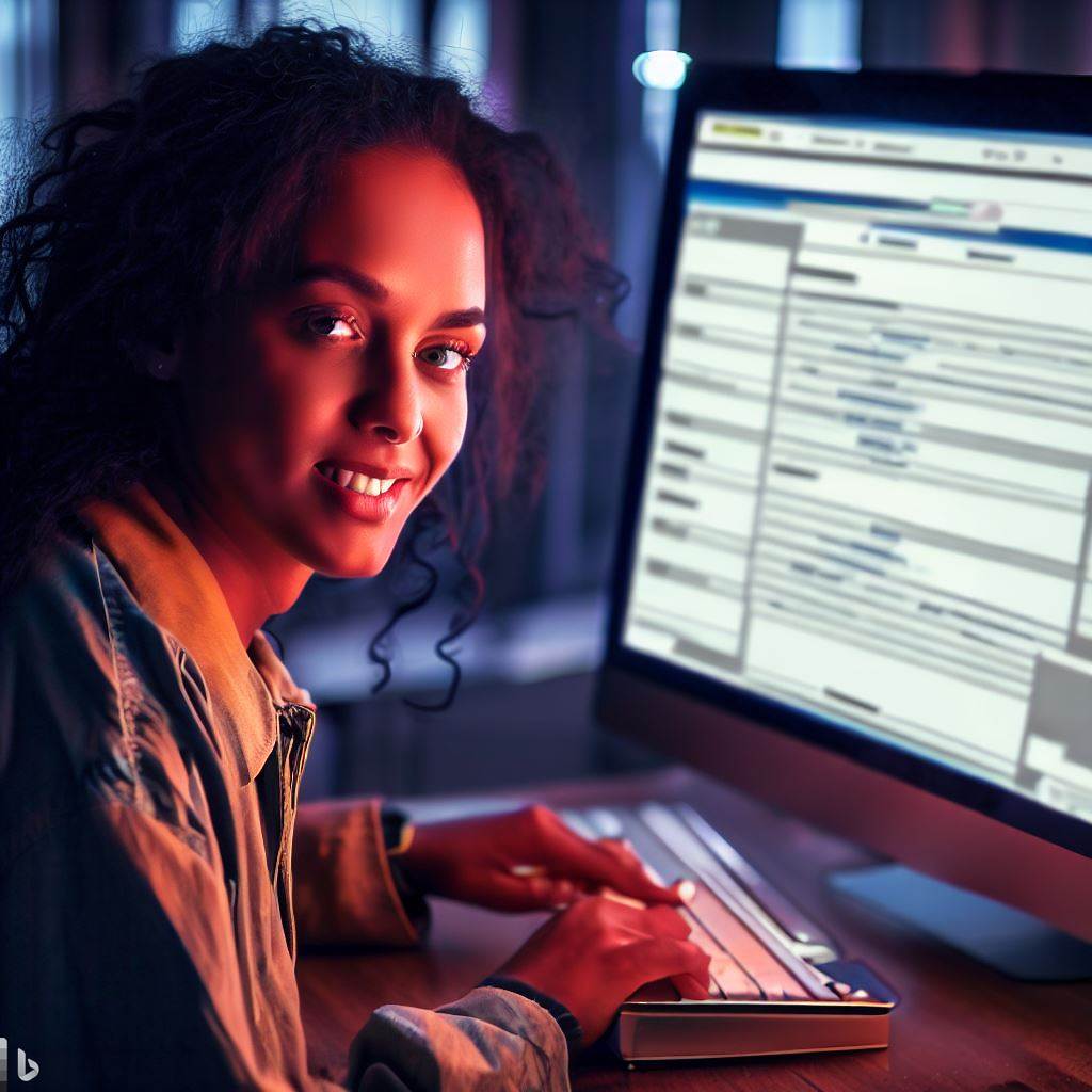 Woman of color typing on a computer with a data entry form on the screen.