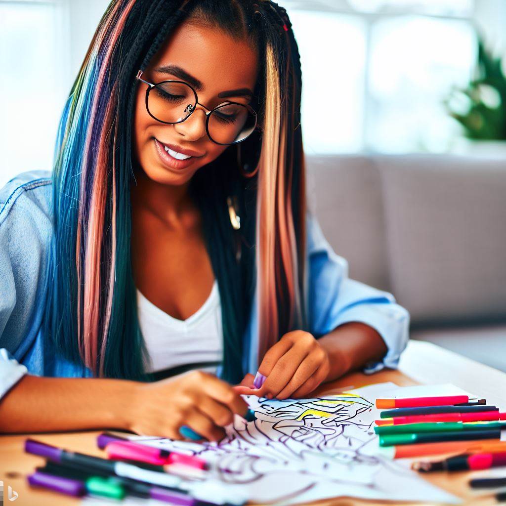 College age woman of color with colored highlights in her hair coloring a picture.