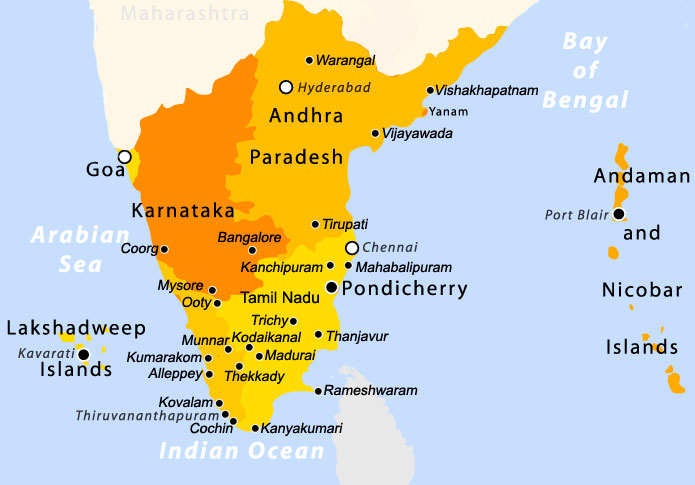 Map of states and cities of South India